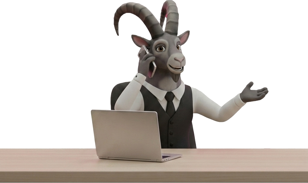 Steinbock Ibi ist mit dem Telefon bereit Ihre Anfragen entgegenzunehmen